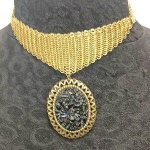 Ferrara Whiting and Davis Antique Brass Plated Necklace with Black Cabochon